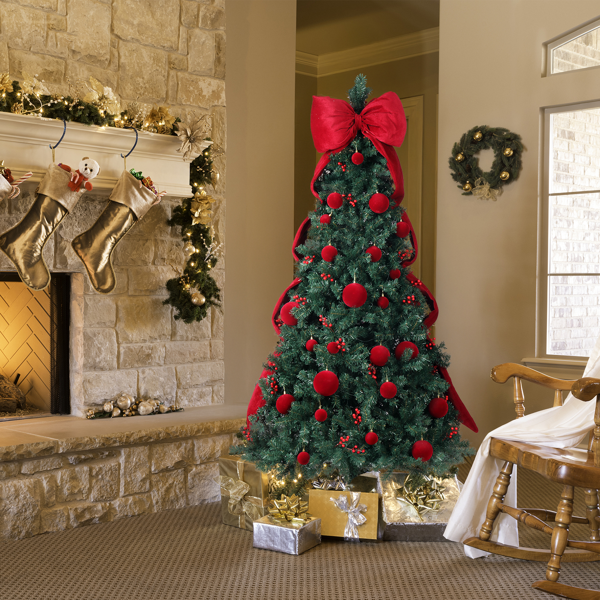 7.5ft  深绿色  带大蝴蝶结红球配饰 圣诞树 DIY 300LED暖白8模式 带遥控 1600枝头 自动树 落地款 PVC 圣诞树 30V 6W 美规-12