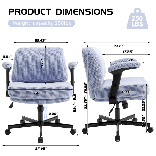 带轮子和翻转臂的舒适的织物交叉腿办公椅，带厚垫和宽座，可调节的旋转办公椅，适用于家庭办公室、公寓、卧室，紫色-3