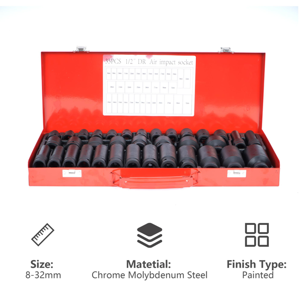 35PC 1/2英寸冲击套筒套件6点公制尺寸8-32mm，驱动深主轴螺母冲击套筒套件，带便携式外壳，红色（周末不发货，禁售亚马逊）-2