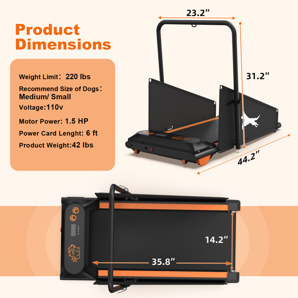 狗跑步机、中小型狗用宠物狗跑步机、重达220磅的狗用宠物跑步机、带液晶显示屏的健康和锻炼用耐用跑步机宠物健身跑步机-2