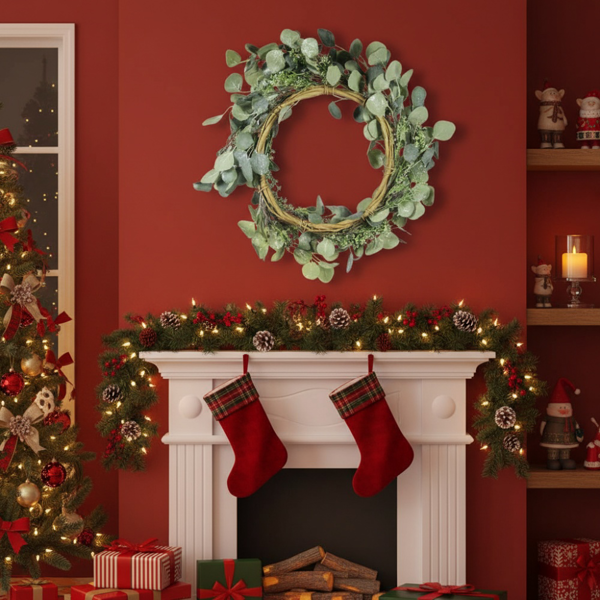 23.6英寸圣诞桉树花环绿色门花环假叶花环婚礼家前门装饰FBA发货-12