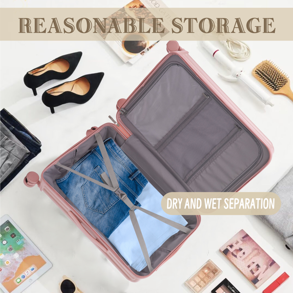 20 英寸/24 英寸/28 英寸 3 件/套 ABS 万向轮行李箱，可随身携带，带杯架、USB 端口和手机支架（粉色)-6