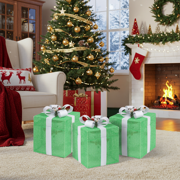 12in 绿色 葱布 电动开盖雪人礼物盒  60L暖白皮线灯 圣诞灯饰礼盒 24V 7.2W 美规-12