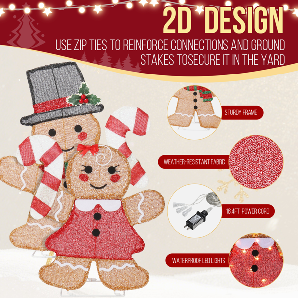 2pcs 24in 19in 棕色 2D姜饼人拿拐杖糖 金葱布 80L暖白皮线灯 圣诞灯饰经典元素 4.5V 3.6W 美规-4