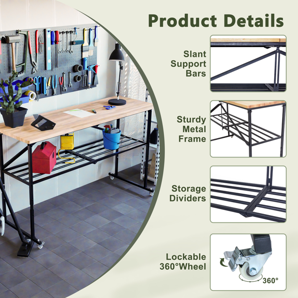 可折叠实木工作台，带脚轮，高度可调节-4