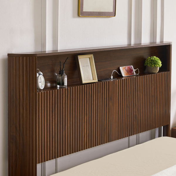 全尺寸加长（全 XL）床架，带储物床头板，内置充电站，波浪曲线设计，静音运行，金属支撑，胡桃木-5