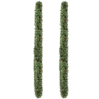 2pcs 9ft 绿色开花松针 藤条 PVC 440枝头带松果 红果 200灯暖白8功能 电池盒 圣诞PVC花环