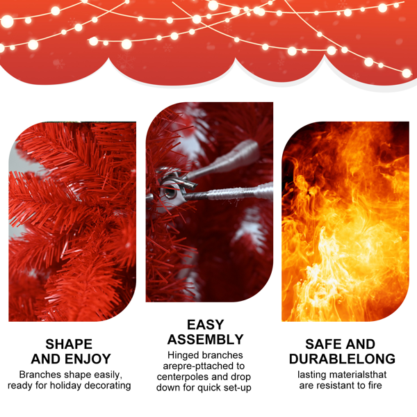 7 英尺红色圣诞树 - 纯红色 PVC 树，带有 1066 个枝尖，铰链式树枝，易于安装，稳定的金属支架，大胆的节日装饰-10