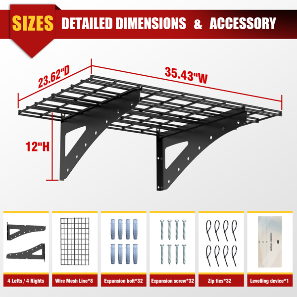 23.6*35.4 英寸壁挂式壁架，用于车库重型壁架，超市储物架，黑色，现场 4 件装-3