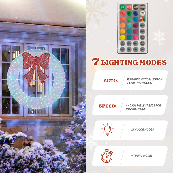 36in 白色 花环带蝴蝶结  175L皮线灯 RGB加红光 带遥控带定时 圣诞灯饰花环 5V 6W 美规-6