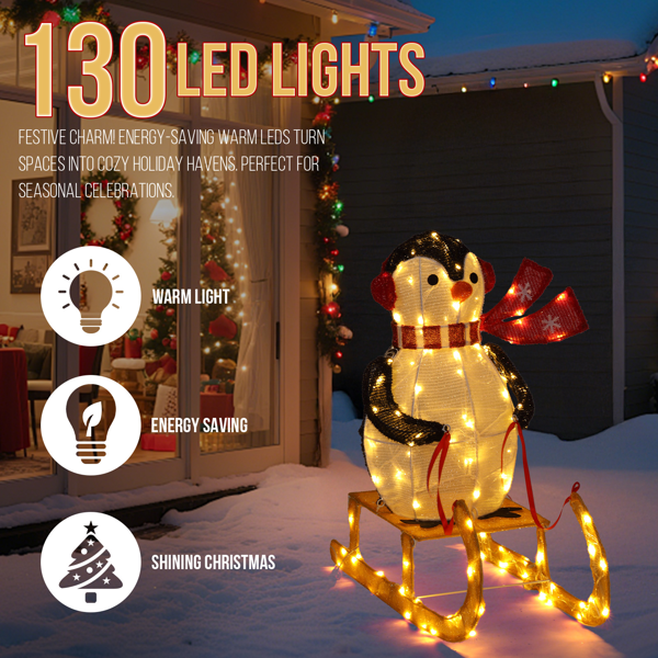 2.2ft  黑白色  蒙布 130灯暖白LED  企鹅雪橇   圣诞灯饰动物元素 30V 3.6W 美规-14