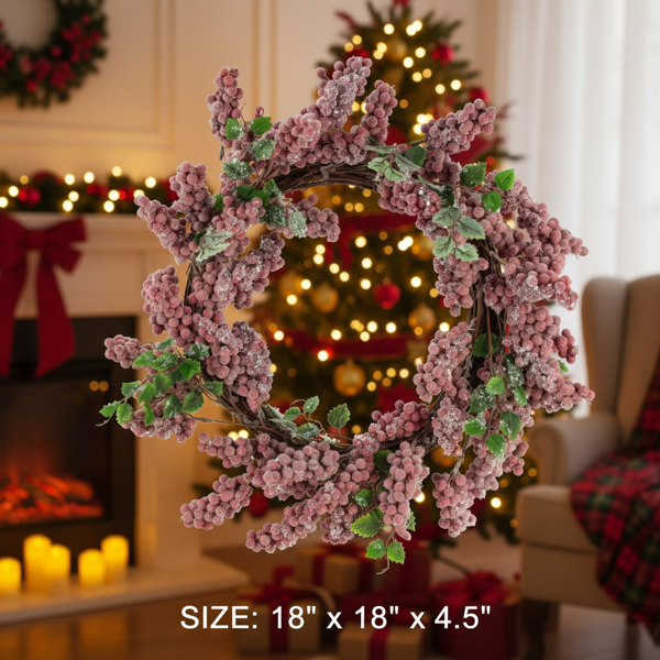 圣诞松果花环18x18x4.5“永恒的红色磨砂墙挂浆果戒指节日门装饰FBA发货-11