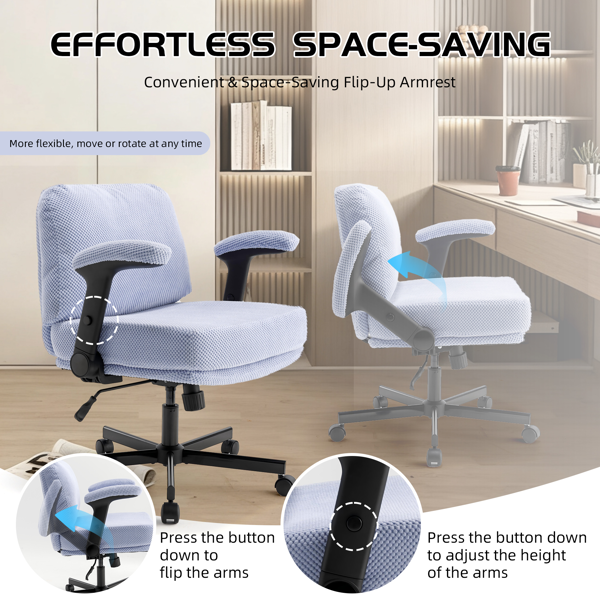 带轮子和翻转臂的舒适的织物交叉腿办公椅，带厚垫和宽座，可调节的旋转办公椅，适用于家庭办公室、公寓、卧室，紫色-6