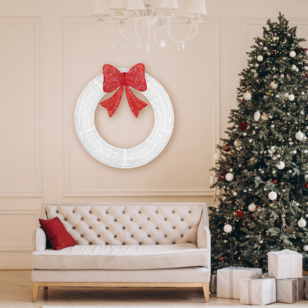 36in 白色 花环带蝴蝶结  175L皮线灯 RGB加红光 带遥控带定时 圣诞灯饰花环 5V 6W 美规-12