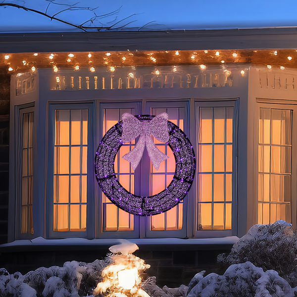 36in 黑色 花环带蝴蝶结  175L皮线灯 紫色加橙色光 带遥控带定时 圣诞灯饰花环 30V 3.6W 美规-12