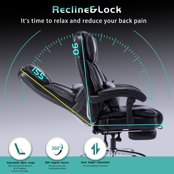 高靠背按摩躺椅，带脚踏板，家庭办公行政电脑办公椅，带按摩腰垫，角度可调，透气厚垫舒适-3