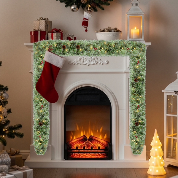 2pcs 9ft 绿色开花松针 藤条 PVC 440枝头带松果 红果 200灯暖白8功能 电池盒 圣诞PVC花环-9