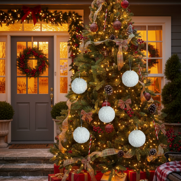 6PCS套4英寸圣诞球装饰品奶油色褶边悬挂装饰品，适合圣诞树假期家居装饰FBA发货-13