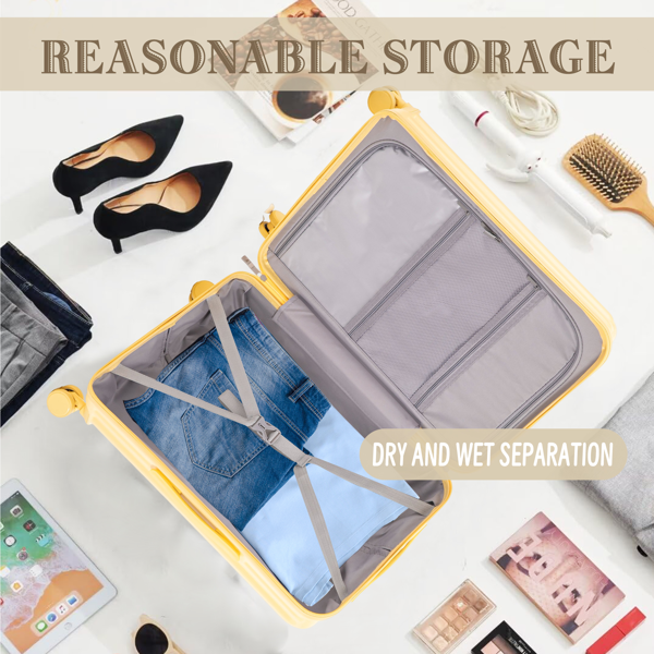 20 英寸/24 英寸/28 英寸 3 件/套 ABS 万向轮行李箱，可随身携带，带杯架、USB 端口和手机支架（黄色-4