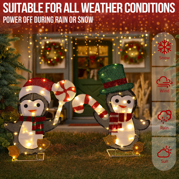 2pcs 24in 22in  黑白色 2D企鹅拿糖果  金葱布 80L暖白皮线灯 圣诞灯饰经典元素 4.5V 3.6W 美规-13