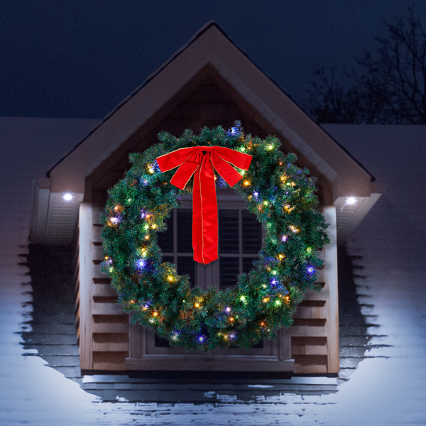 48in 绿色 花环 带蝴蝶结 450枝头 150LED四彩加暖白无极灯 带遥控   PVC 圣诞PVC花环 30V 3.6W 英规-4