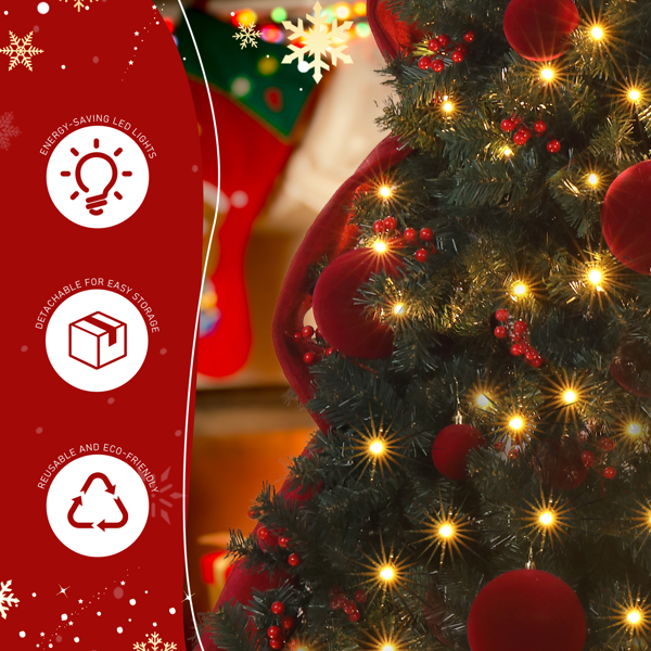 7.5ft  深绿色  带大蝴蝶结红球配饰 圣诞树 DIY 300LED暖白8模式 带遥控 1600枝头 自动树 落地款 PVC 圣诞树 30V 6W 美规-7