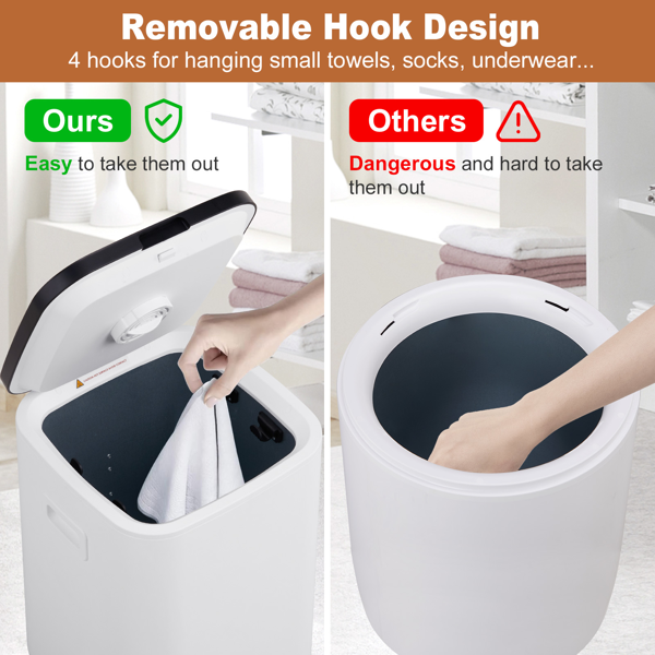 美规 HSTW-12 22L 烘干机 120V 400-420W 带挂钩 带香薰盒 盖上提手 带电源线收纳  PP+ABS 白色机身黑色头盖 浴巾毛巾加热桶 定时加热 延时预约 60°温变提示 三档定时 LED触屏操作 方形桶-5