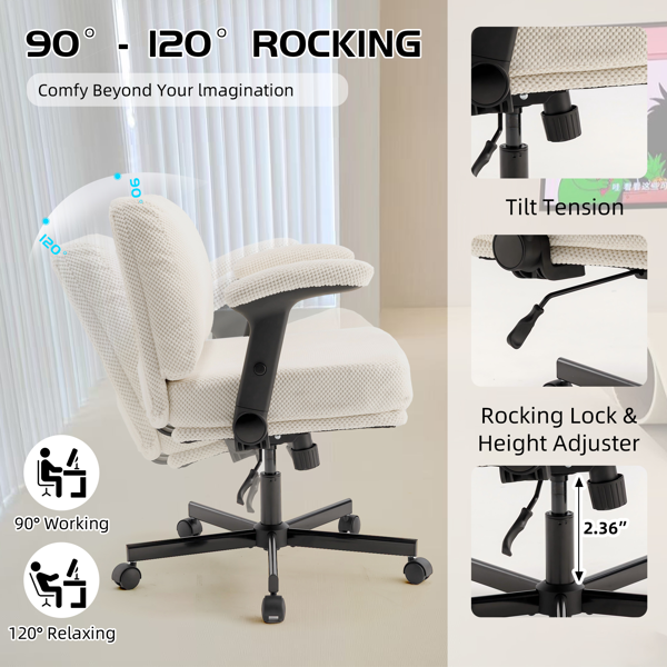 带轮子和翻转臂的舒适织物交叉腿办公椅，带厚垫和宽座椅，适用于家庭办公室、公寓、卧室的可调节旋转办公椅，米色-5