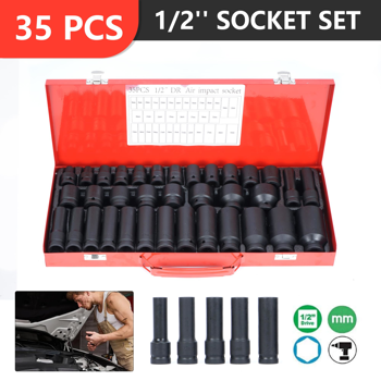 35PC 1/2英寸冲击套筒套件6点公制尺寸8-32mm，驱动深主轴螺母冲击套筒套件，带便携式外壳，红色（周末不发货，禁售亚马逊）