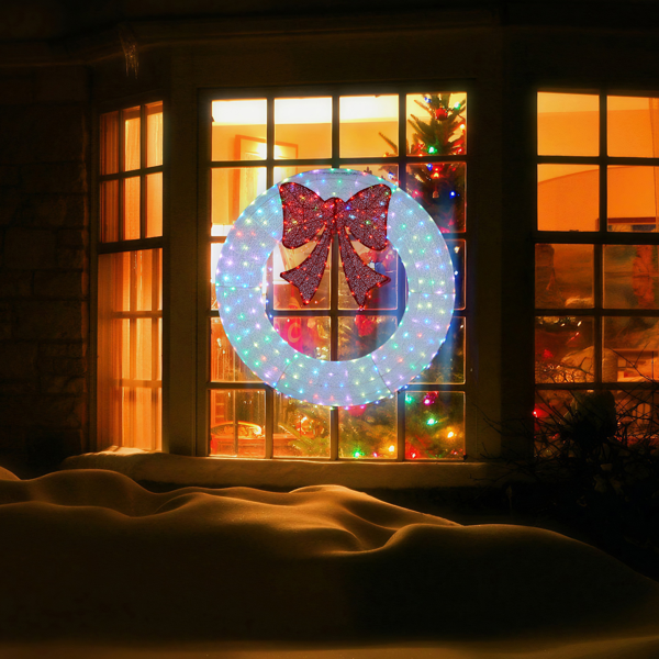 36in 白色 花环带蝴蝶结  175L皮线灯 RGB加红光 带遥控带定时 圣诞灯饰花环 5V 6W 美规-2