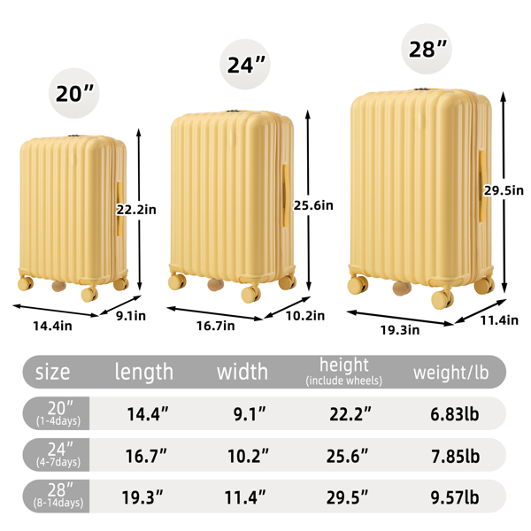20 英寸/24 英寸/28 英寸 3 件/套 ABS 万向轮行李箱，可随身携带，带杯架、USB 端口和手机支架（黄色-2