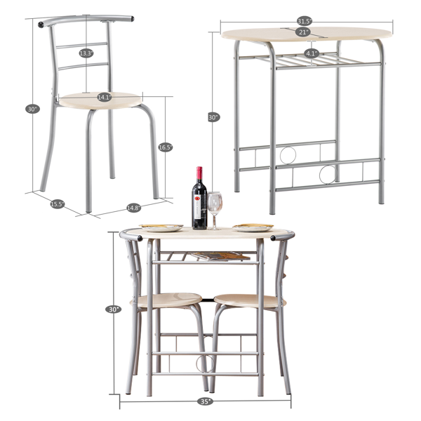 拆装 密度板 铁 原木色 银色烤漆 餐桌椅套装 1桌2椅 椭圆形桌面-10