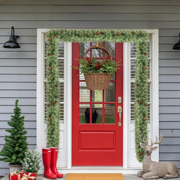 2pcs 9ft 绿色开花松针 藤条 PVC 440枝头带松果 红果 200灯暖白8功能 电池盒 圣诞PVC花环-7