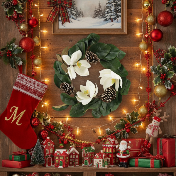 22英寸圣诞花环乳白色白玉兰优雅假日门装饰，室内外松果插花壁挂FBA发货-9