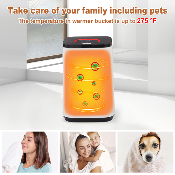 美规 HSTW-12 22L 烘干机 120V 400-420W 带挂钩 带香薰盒 盖上提手 带电源线收纳  PP+ABS 白色机身黑色头盖 浴巾毛巾加热桶 定时加热 延时预约 60°温变提示 三档定时 LED触屏操作 方形桶-6