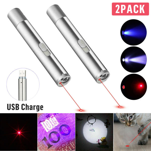 2支3合1 1mw USB可充电宠物玩具笔手电筒红色激光光束紫外灯3模式灯-6