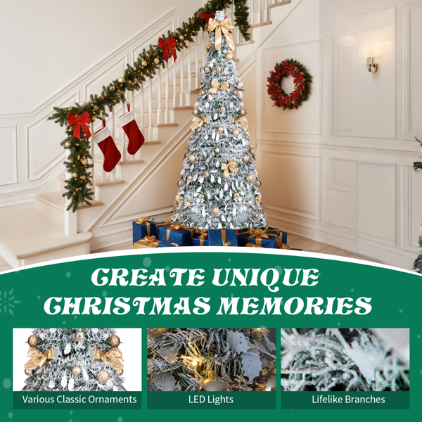 6ft 绿色植绒 伸缩圣诞树 PVC 100暖白灯8模式 带金色配饰 圣诞树 30V 3.6W 美规-8