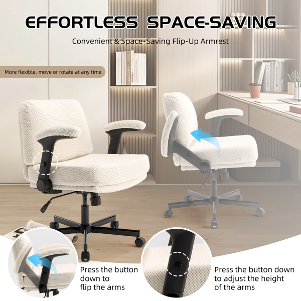 带轮子和翻转臂的舒适织物交叉腿办公椅，带厚垫和宽座椅，适用于家庭办公室、公寓、卧室的可调节旋转办公椅，米色-6