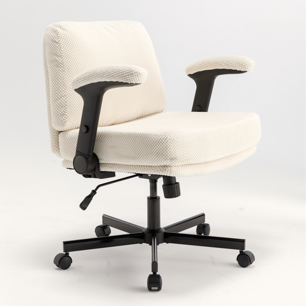 带轮子和翻转臂的舒适织物交叉腿办公椅，带厚垫和宽座椅，适用于家庭办公室、公寓、卧室的可调节旋转办公椅，米色-2