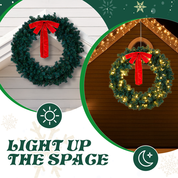 48in 绿色 花环 带蝴蝶结 450枝头 150LED四彩加暖白无极灯 带遥控   PVC 圣诞PVC花环 30V 3.6W 英规-2