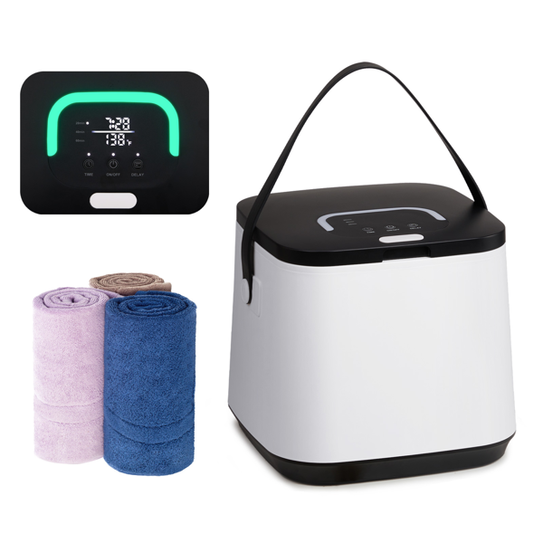 美规 HSTW-13 14L 烘干机 120V 200-250W 带挂钩 带香薰盒 盖上提手 带电源线收纳 带提手带 PP+ABS 白色机身黑色头盖 浴巾毛巾加热桶 定时加热 延时预约 60°温变提示 三档定时 LED触屏操作 方形桶-10