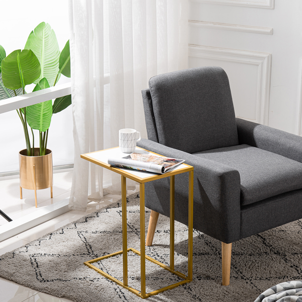 大理石 PVC 密度板 铁 拆装 单层 C型桌 边几 简约 白色  金色喷塑 30*48*61cm-7