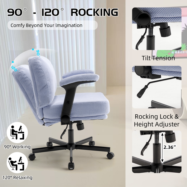 带轮子和翻转臂的舒适的织物交叉腿办公椅，带厚垫和宽座，可调节的旋转办公椅，适用于家庭办公室、公寓、卧室，紫色-5