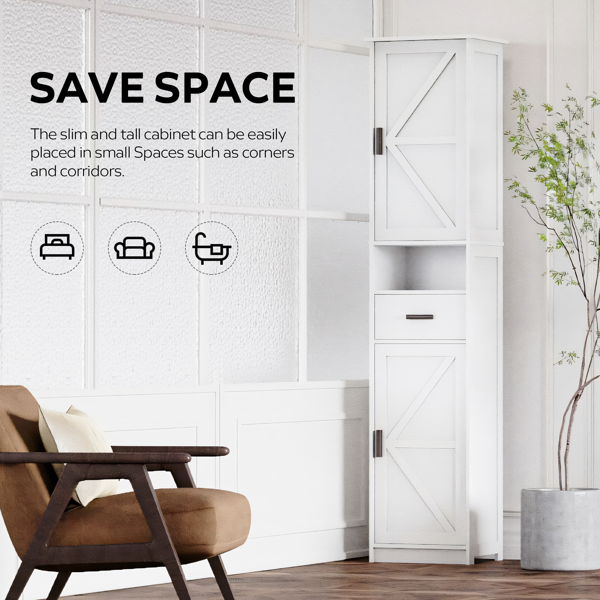 69 英寸高浴室储物柜，带 2 个谷仓门和 1 个抽屉，窄储物单元，可调节搁板，落地柜，适用于浴室、客厅、入口、厨房（白色）-7