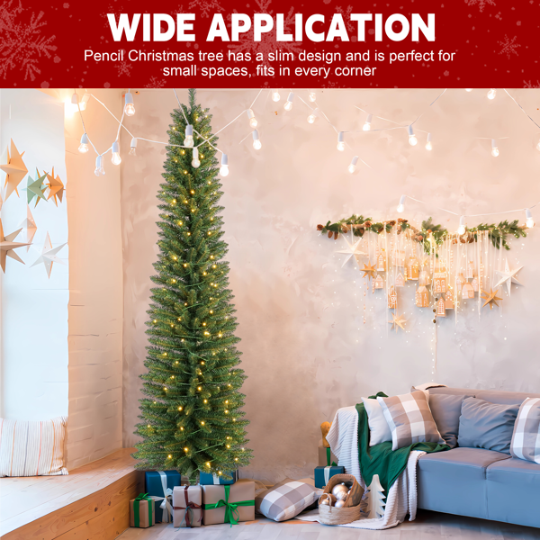人造7英尺绿色铅笔圣诞树，469 PVC枝尖，200棵暖白色LED灯，可折叠底座圣诞节装饰-7