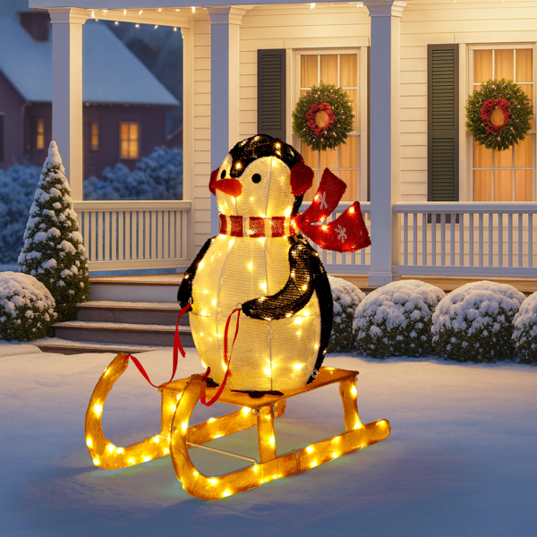 2.2ft  黑白色  蒙布 130灯暖白LED  企鹅雪橇   圣诞灯饰动物元素 30V 3.6W 美规-13