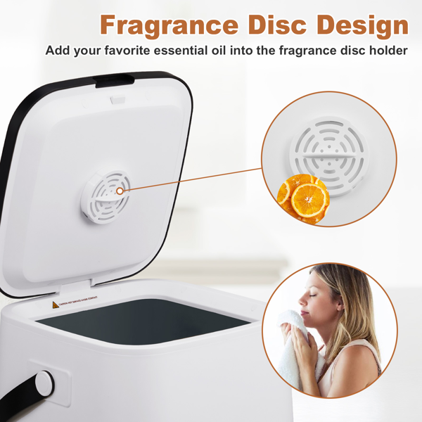 美规 HSTW-13 14L 烘干机 120V 200-250W 带挂钩 带香薰盒 盖上提手 带电源线收纳 带提手带 PP+ABS 白色机身黑色头盖 浴巾毛巾加热桶 定时加热 延时预约 60°温变提示 三档定时 LED触屏操作 方形桶-2