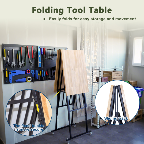 可折叠实木工作台，带脚轮，高度可调节-6