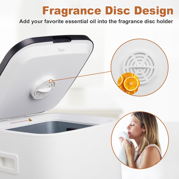 美规 HSTW-12 22L 烘干机 120V 400-420W 带挂钩 带香薰盒 盖上提手 带电源线收纳  PP+ABS 白色机身黑色头盖 浴巾毛巾加热桶 定时加热 延时预约 60°温变提示 三档定时 LED触屏操作 方形桶-2