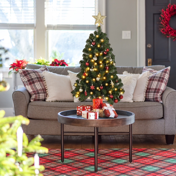 3ft 绿色 100灯暖色8模式电池款开关 150枝头 顶部带星星 麻布底座 PVC材质 圣诞树 S101-5